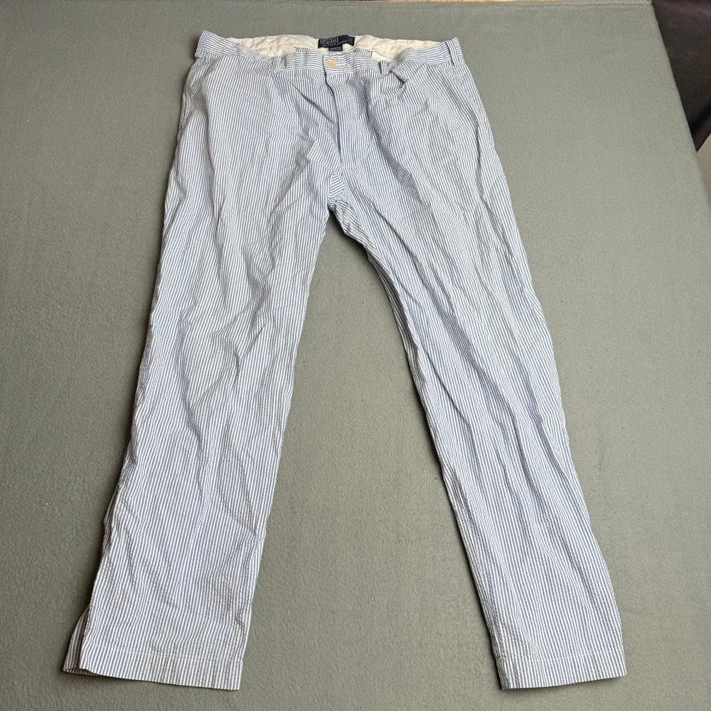 Polo Ralph Lauren Andrew Pant Mens 40x30 Blue White Seersucker Striped Pleated